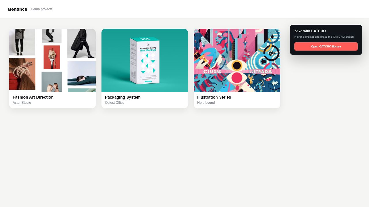 Behance uslubidagi lokal demo sahifada CATCHO saqlash jarayoni