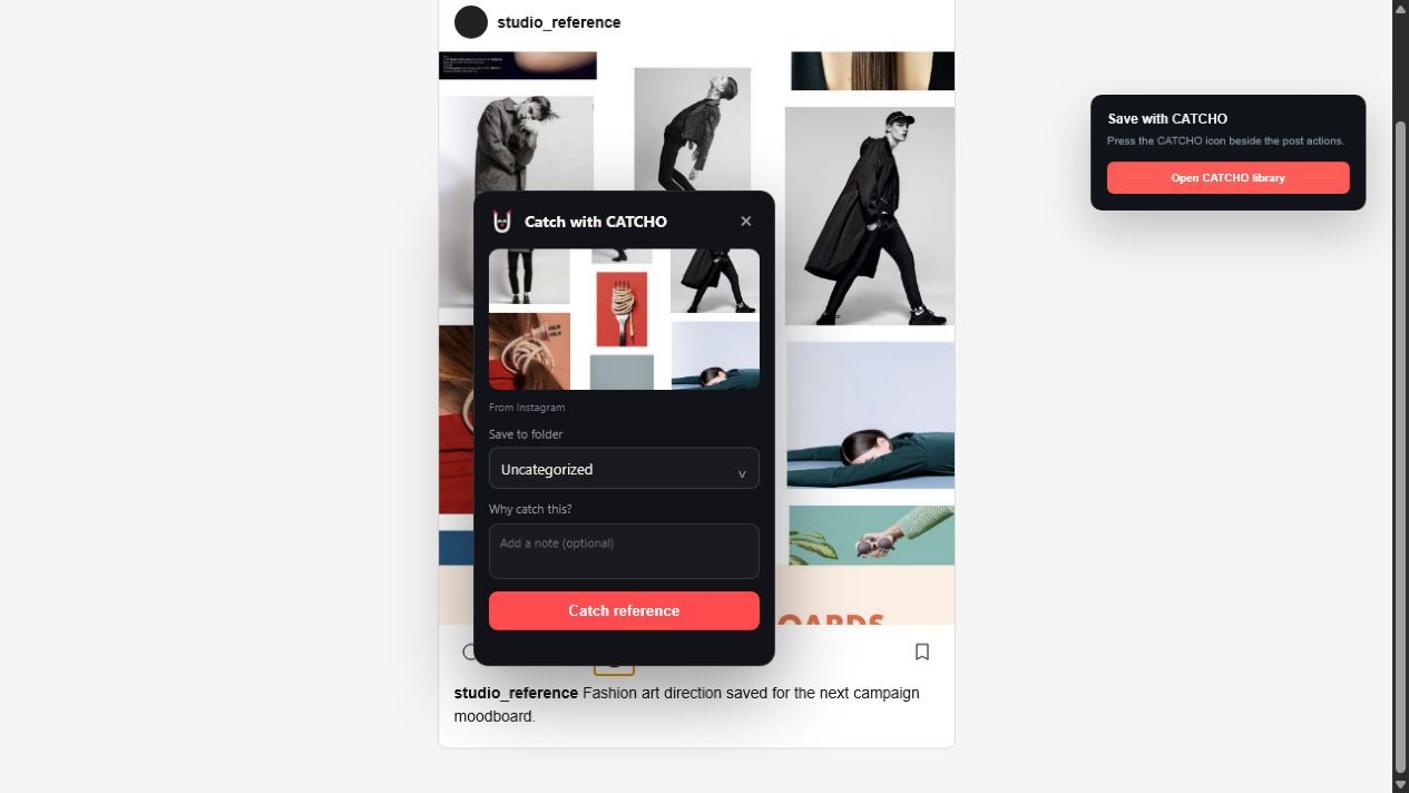 Instagram uslubidagi lokal demo sahifada CATCHO saqlash jarayoni